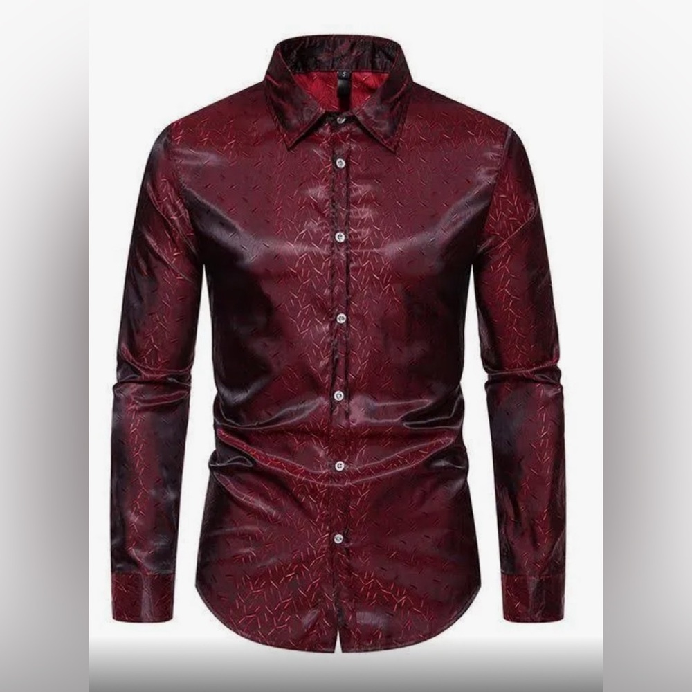 JOGAL Men's Shiny Satin Long Sleeve Button Down Shirt